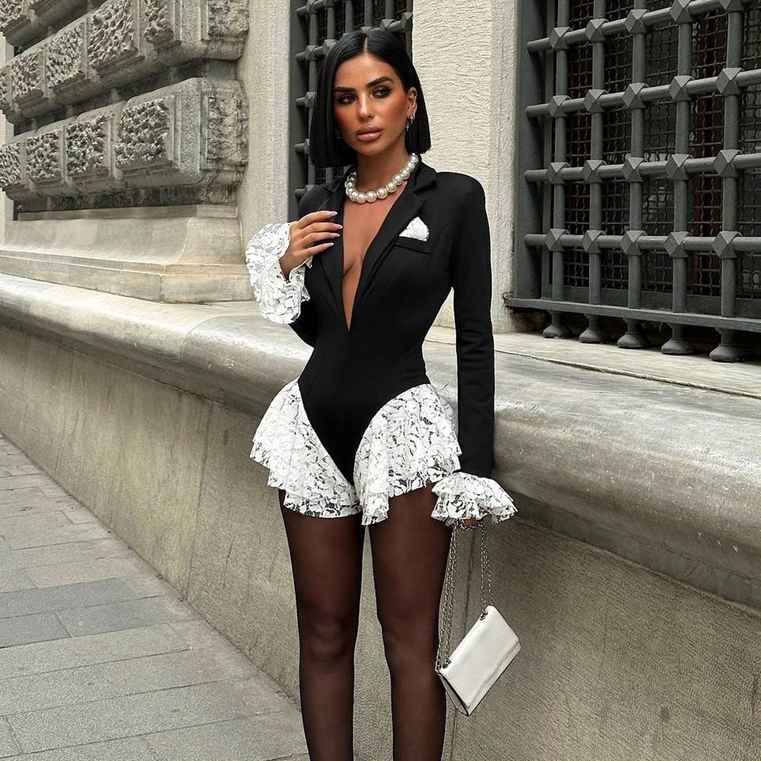 SXR fall winter fashion deep V-neck flared long sleeve lace side jumpsuit