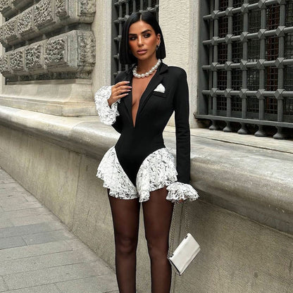 SXR fall winter fashion deep V-neck flared long sleeve lace side jumpsuit