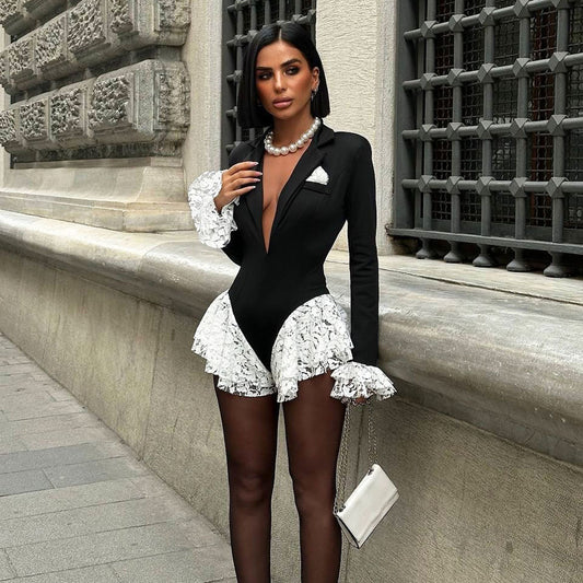 SXR fall winter fashion deep V-neck flared long sleeve lace side jumpsuit