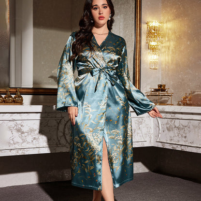 DNL spring printed bathrobe emulation silk nightgown