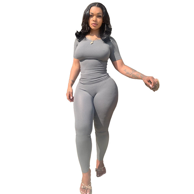 MYF (S-2XL) K9884 sports two-piece set sunken stripe high elastic suit for women