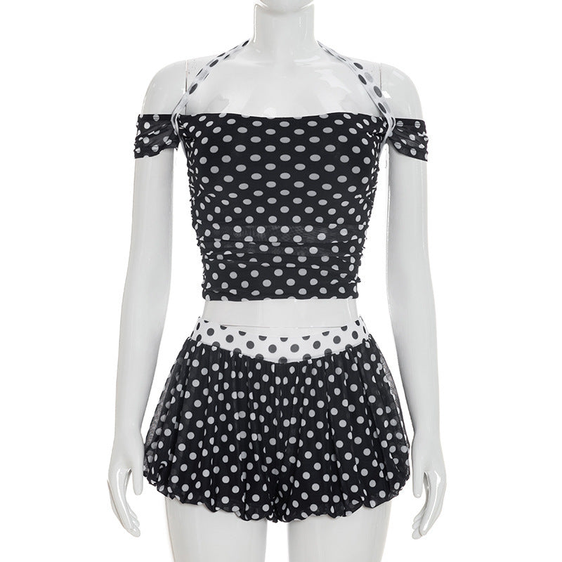 DZHT J26ST178 color matching polka dot print lace-up off-shoulder top loose shorts two-piece suit