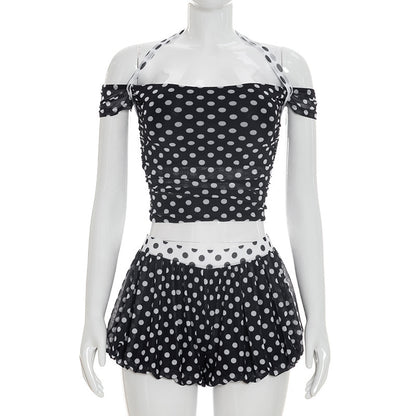 DZHT J26ST178 color matching polka dot print lace-up off-shoulder top loose shorts two-piece suit