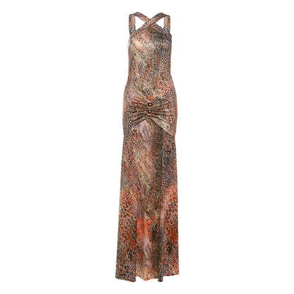 SXR autumn fashion pleated print long dress suspender dress