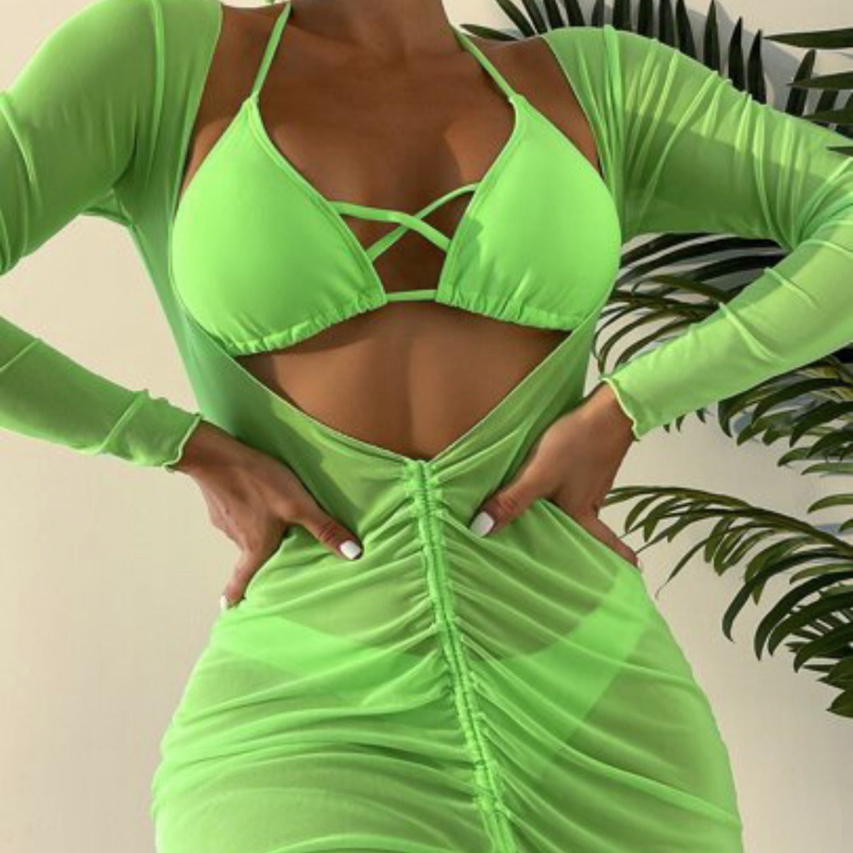 (4 days ready to ship) SY three-piece set long gauzy skirt binding rope banded bikini