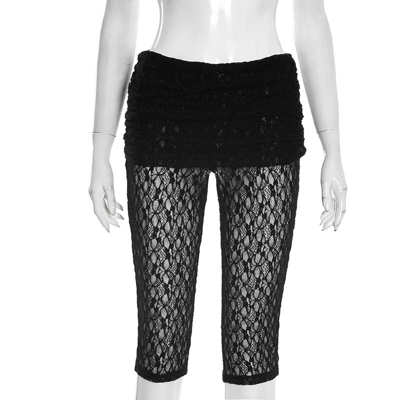 DZHT D26PT007 slim-fit slimming lace flip waist folding tight cropped pants