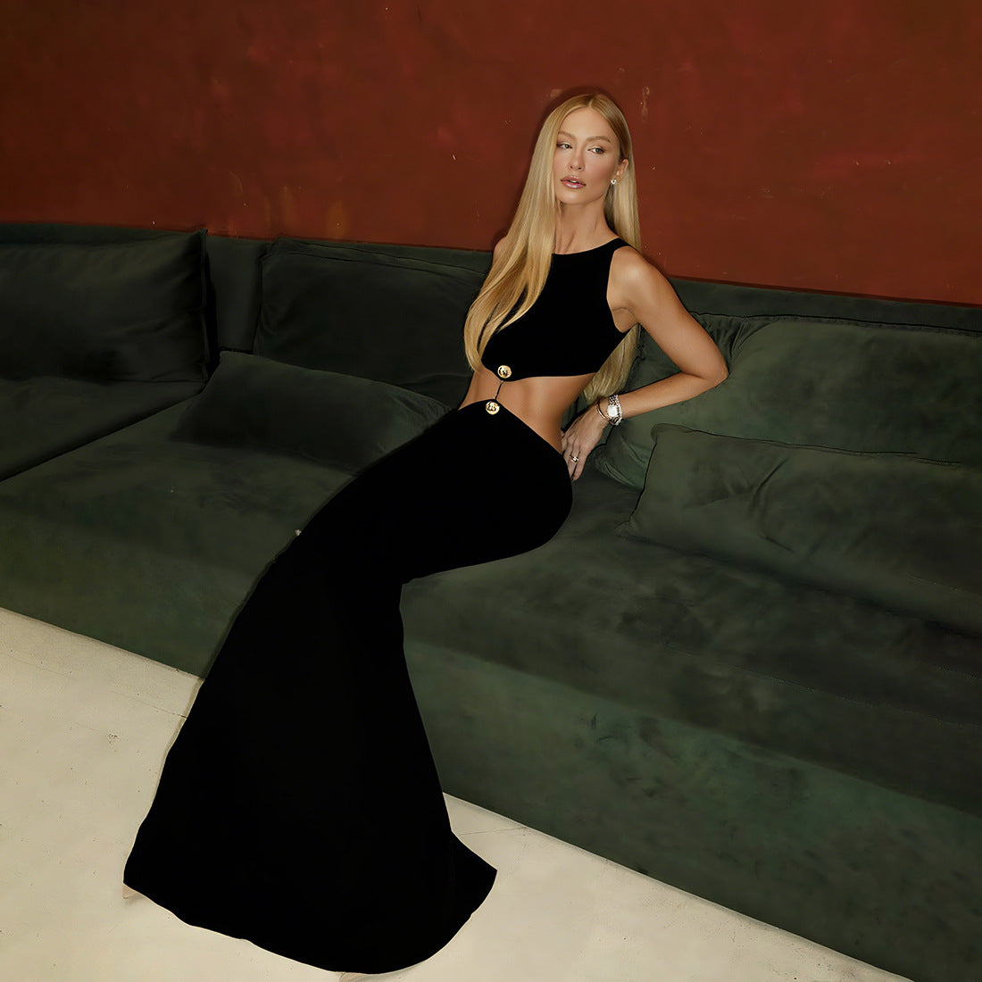 SXR autumn fashion midriff outfit long dress round neck sleeveless solid color dress