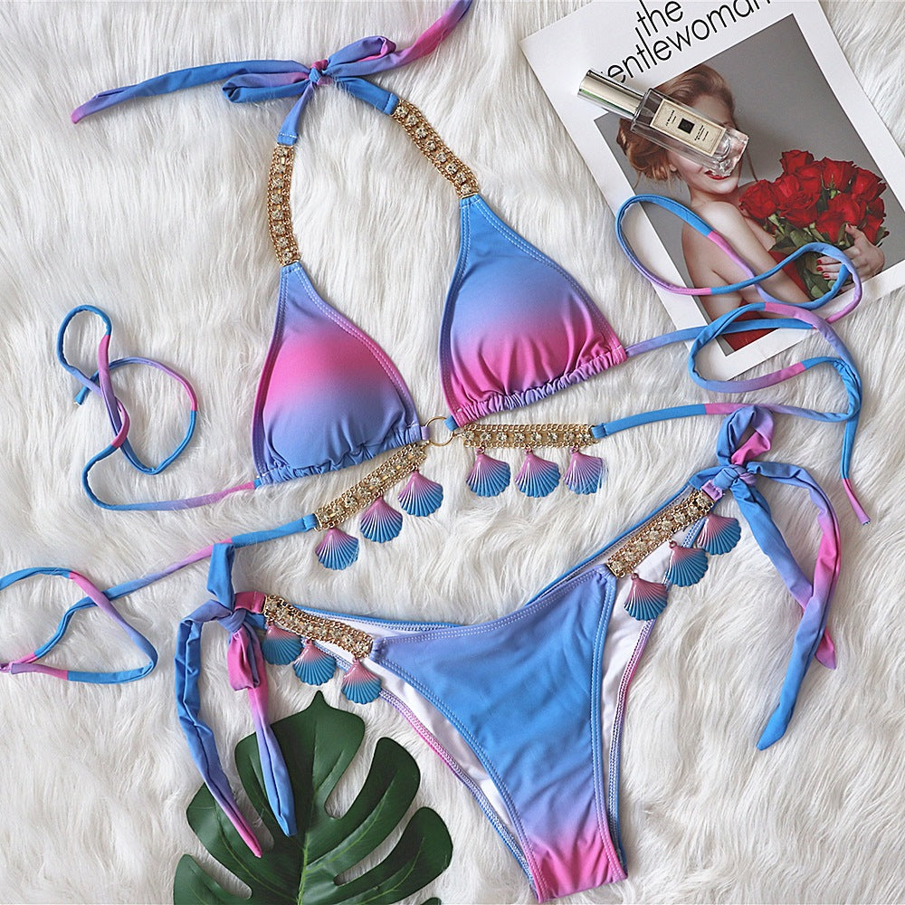 Sexy lace-up gradient printing women's split luxury crystal diamond bikini shell