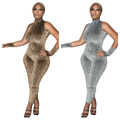 MZ (S-2XL) leopard print sleeveless MZ halter backless lace-up stretch gloves jumpsuit