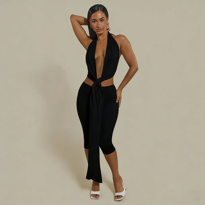 DZHT C26ST054 deep V Fashion tie halter leopard print printing suit