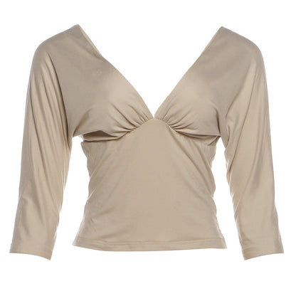 DLS summer sexy deep V-neck backless half sleeve T-shirt solid color cinched slimming pullover