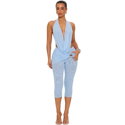 DZHT C26ST240 draped collar halter lace-up backless sling skinny knee length pants suit
