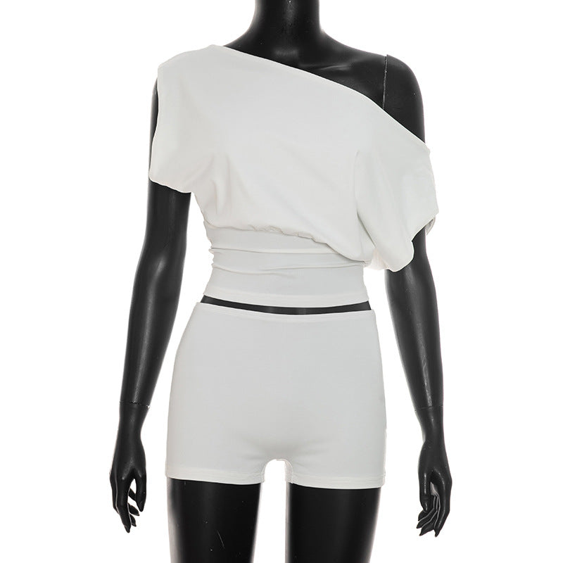 DZHT J26ST267 solid color slim fit fashion shoulder-baring short sleeve shorts suit