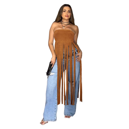 XYZ C7436 deerskin velvet tube top tassel dress