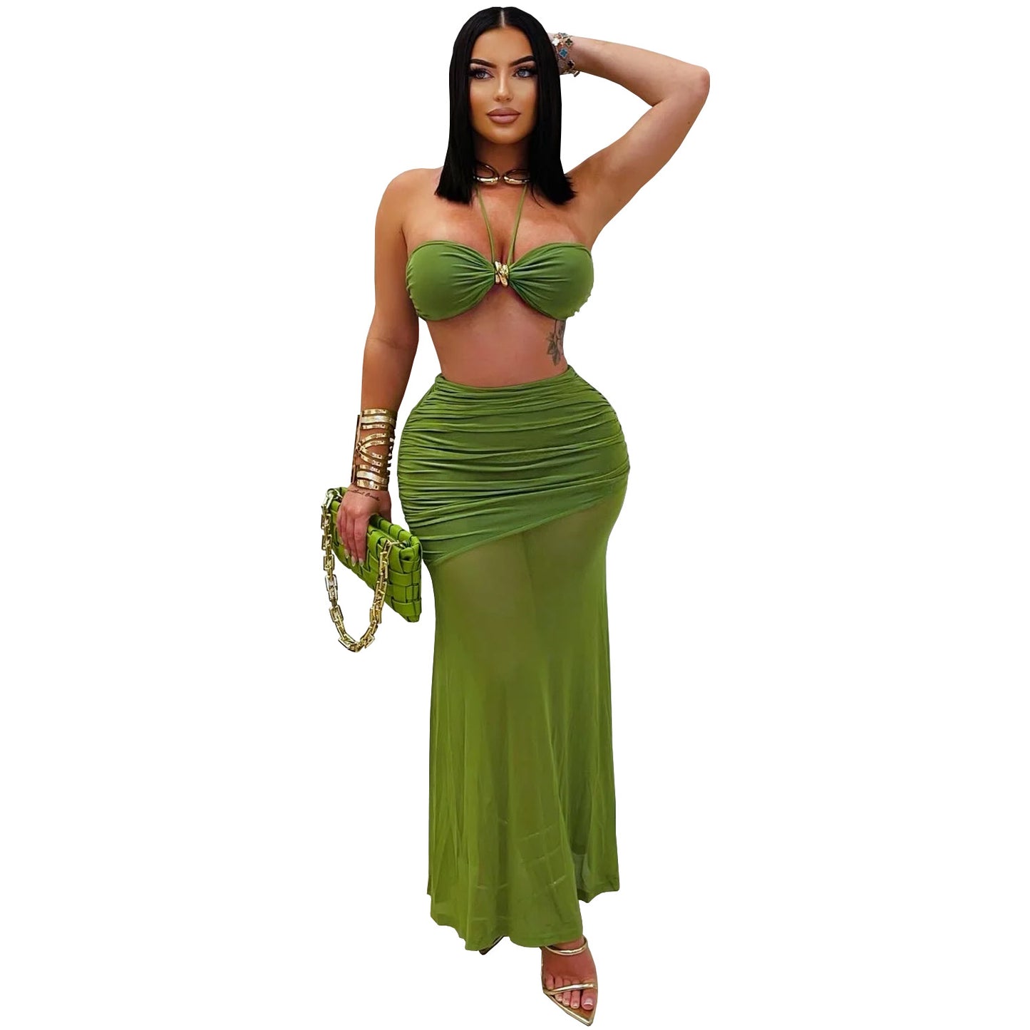 XYZ C7456 tube top arm covering pleated mesh long dress
