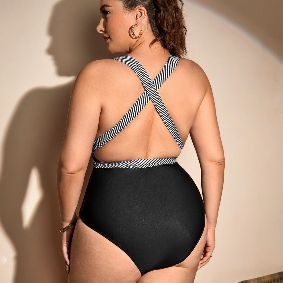 LF (L-4XL) bikini sexy suit one-piece black striped plus size swimsuit