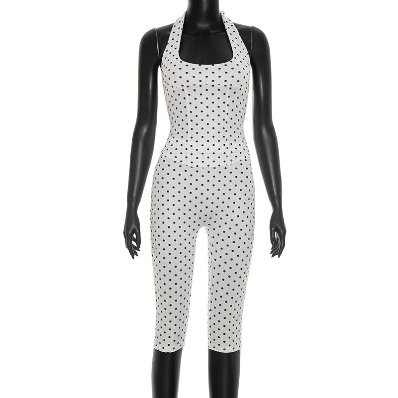 DZHT J26ST102 polka dot print lace-up halterneck Suspender top tight cropped pants two-piece suit