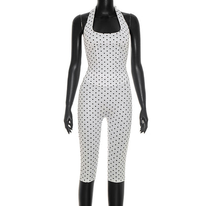 DZHT J26ST102 polka dot print lace-up halterneck Suspender top tight cropped pants two-piece suit