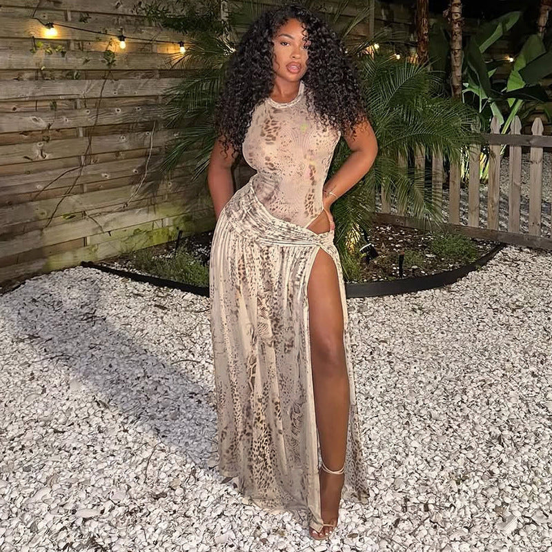 DZHT J26ST091 fashion printed jumpsuit half-length slit dress suit