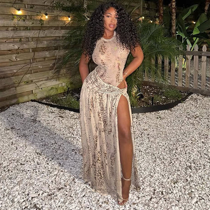 DZHT J26ST091 fashion printed jumpsuit half-length slit dress suit