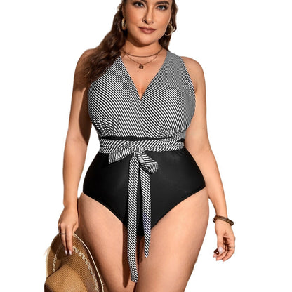 LF (L-4XL) bikini sexy suit one-piece black striped plus size swimsuit