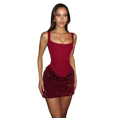 DZHT D25DS552 wine red hip-wrapped short sling stitching sequins dress