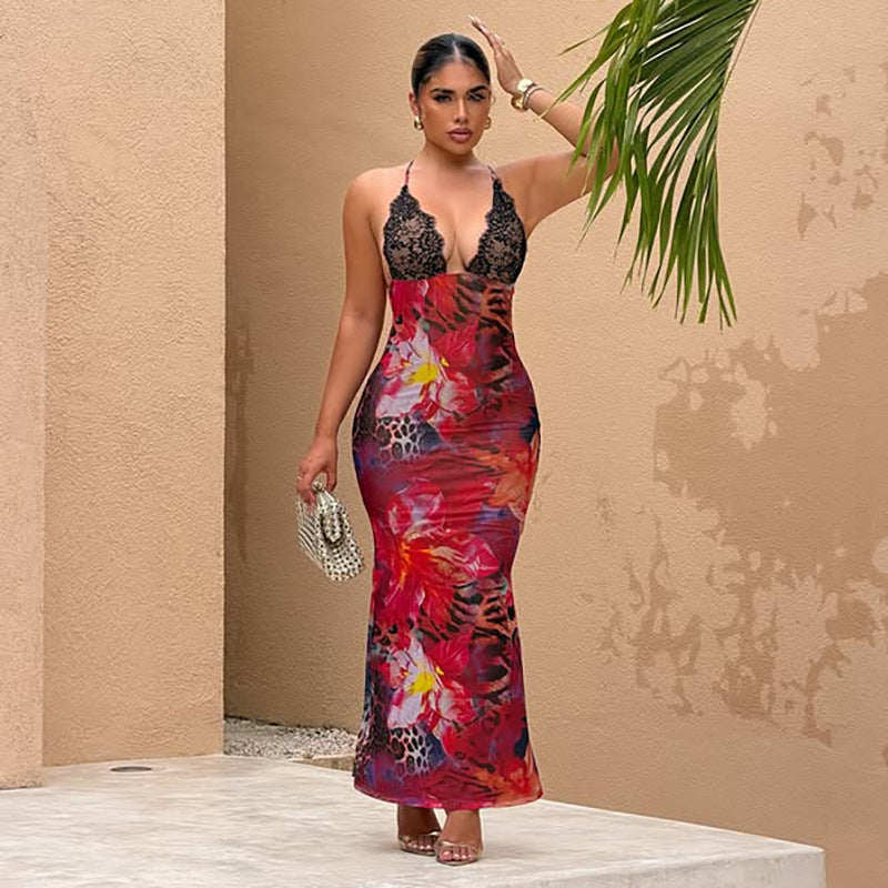 SXR K6D09150A summer printed lace stitched backless dress