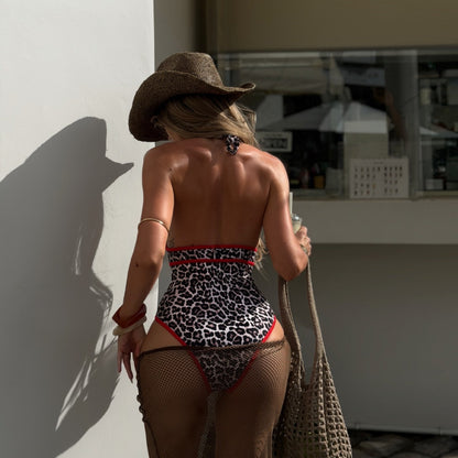 (4 days ready to ship) SY 2026 one-piece leopard print halter lace-up bikini swimsuit