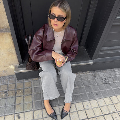 SXR fall and winter lapels zipper solid color casual poly urethane leather stitching long sleeve jacket