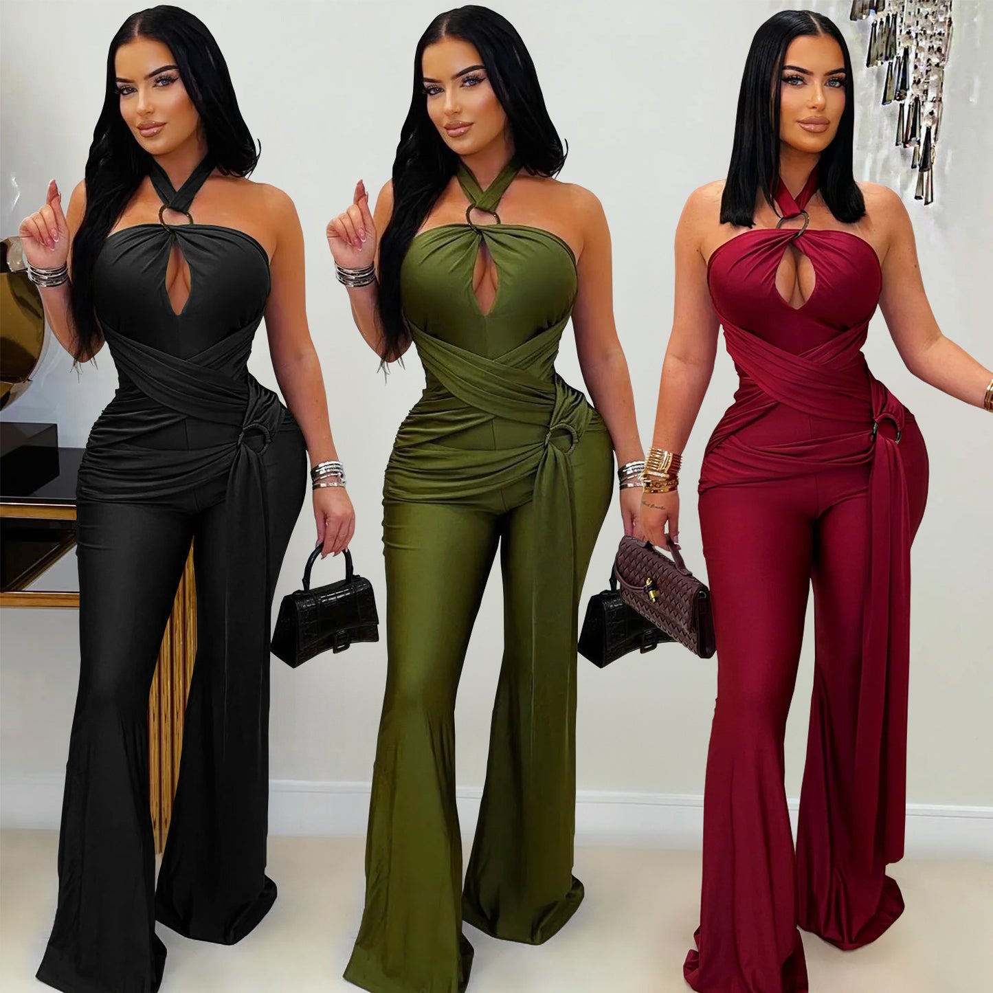 XYZ C7570 halter wide leg arm covering jumpsuit