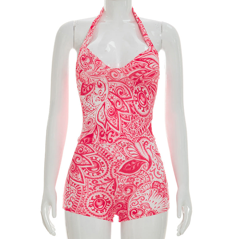 DZHT C26ST073 snake print halter top tight shorts suit