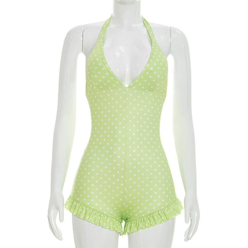 DZHT D26RP139 polka dot print halter lace-up backless lace one-piece shorts