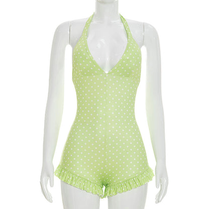 DZHT D26RP139 polka dot print halter lace-up backless lace one-piece shorts