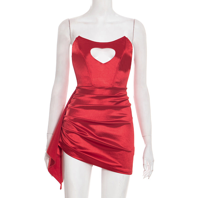 DZHT D25DS592 Valentine's Day love rhinestone tube top ribbon pinch pleated dress