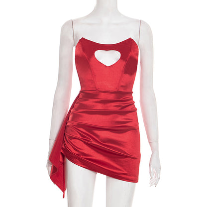 DZHT D25DS592 Valentine's Day love rhinestone tube top ribbon pinch pleated dress