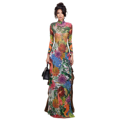 DLS Spring personalized plant print long sleeve half turtleneck high slit long shirt