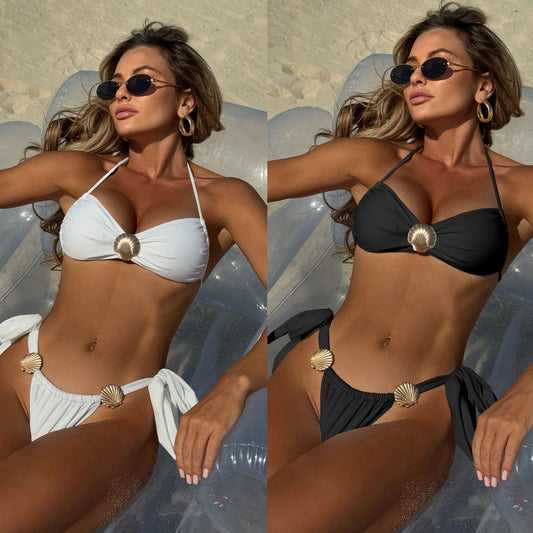 (4 days ready to ship) SY shell decorative lace-up split swimsuit bikini