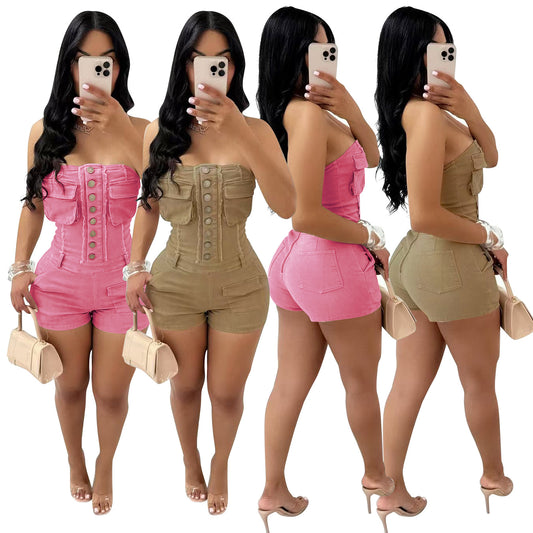 MZ (S-2XL) MZ88636 tube top elastic tooling zipper pocket one-piece shorts