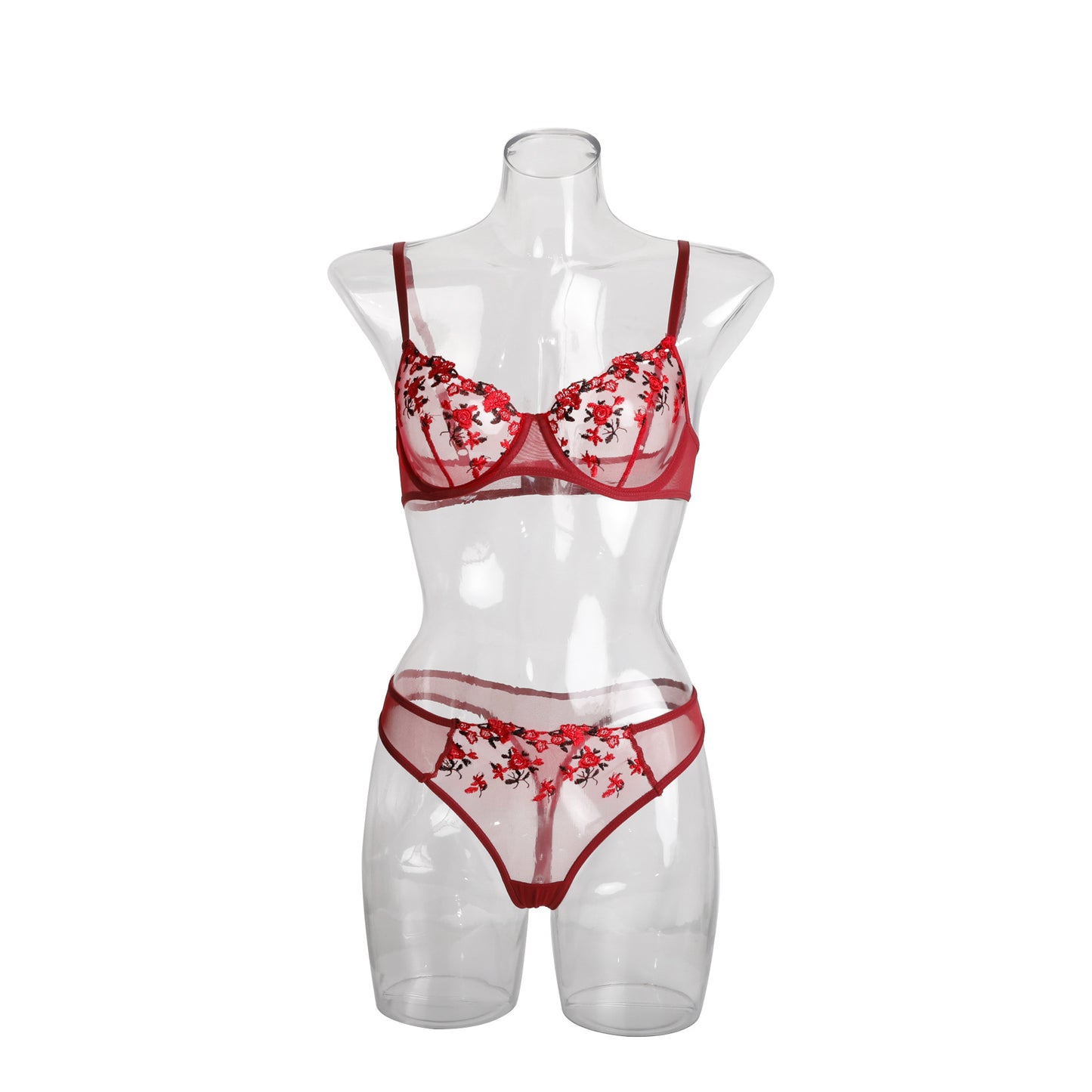 Red bra see-through lace sexy lingerie set underwear