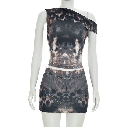 DZHT J26ST212 shoulder sleeveless top hip skirt leopard print printed two-piece suit