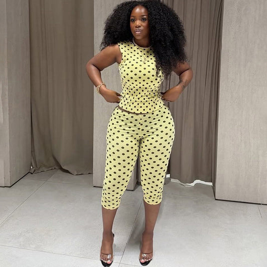 SXR K6S07350A polka dot sleeveless backless top slim cropped pants suit