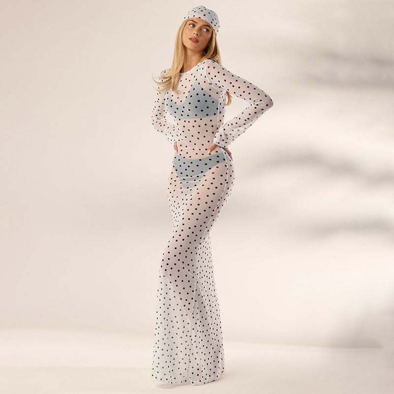 DZHT D26DS135 fashionable see-through polka dot printed mesh headband long sleeve dress