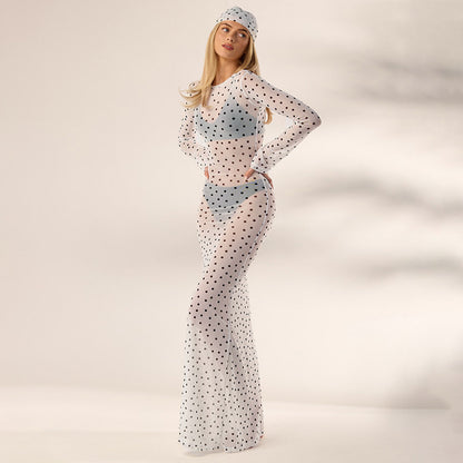 DZHT D26DS135 fashionable see-through polka dot printed mesh headband long sleeve dress