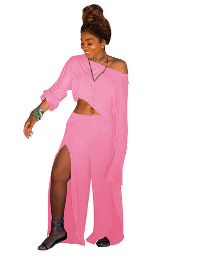 GY (S-3XL) K8747 shoulder long sleeve casual slit blouse and pants club wear