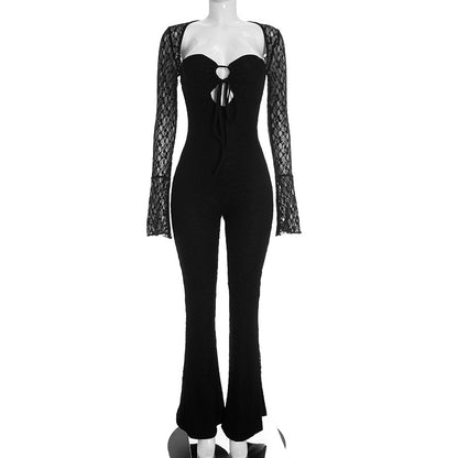 DZHT D26JP280 wrapped chest lace waist hollow drawstring long sleeve one-piece trousers