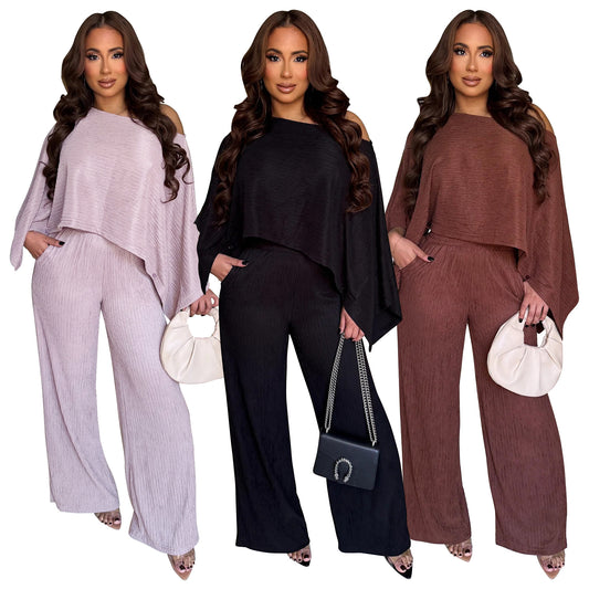 MYF (S-2XL) 10936 pleated oblique shoulder tops trousers casual suit