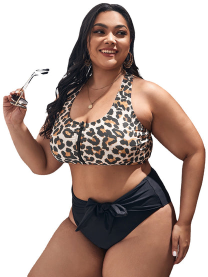 LF (L-4XL) leopard print multicolor zipper swimsuit women's top sexy plus size