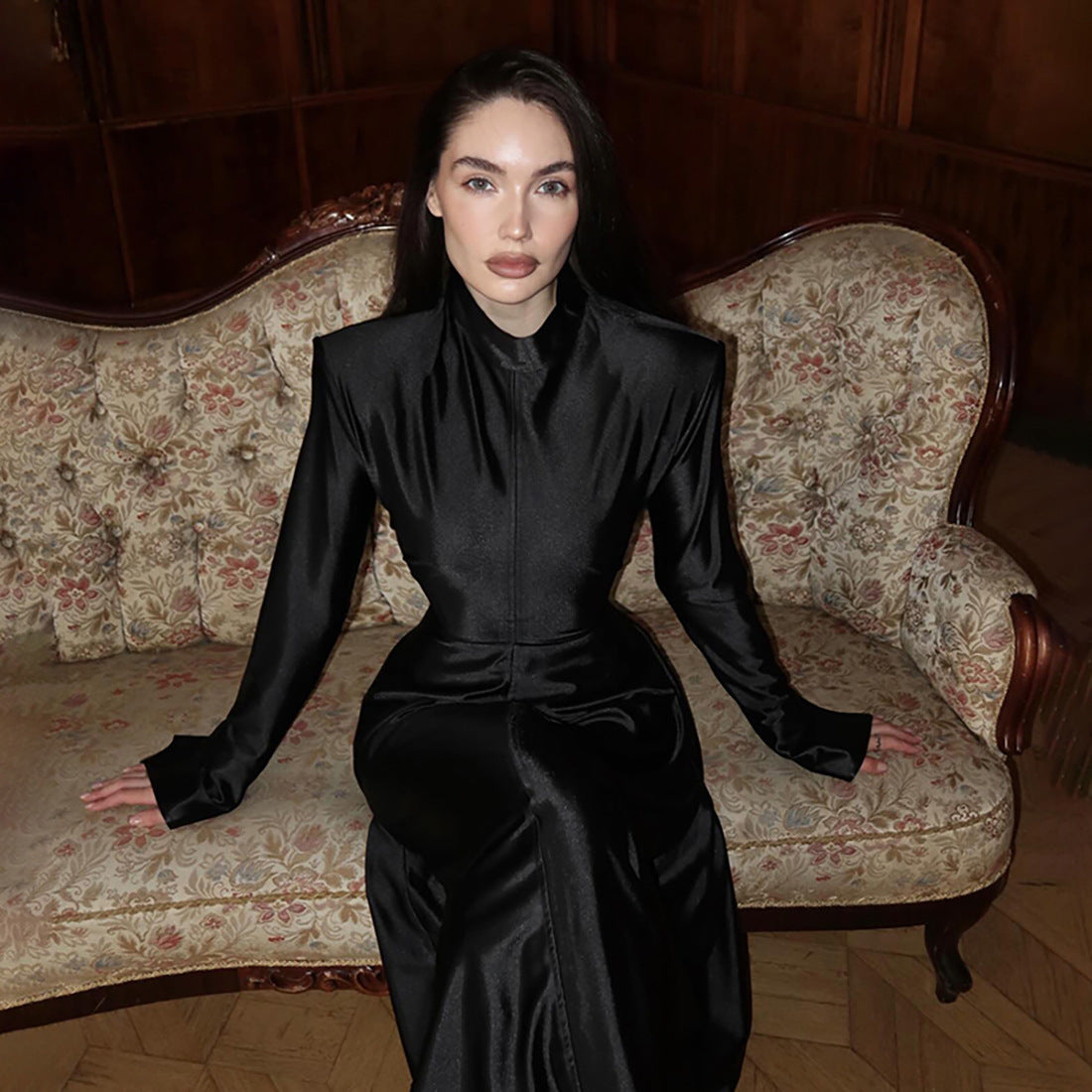 SXR winter formal dress turtleneck waist solid color dress