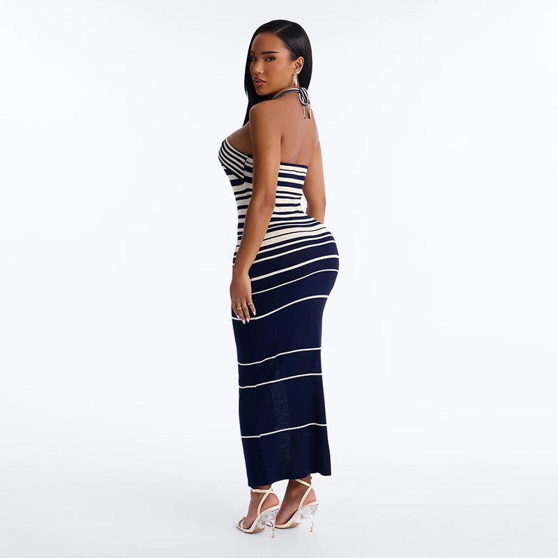 SXR K6D07281A striped slim-fit sexy lacing halter dress