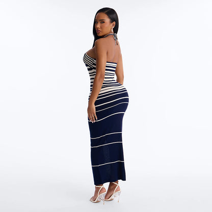 SXR K6D07281A striped slim-fit sexy lacing halter dress